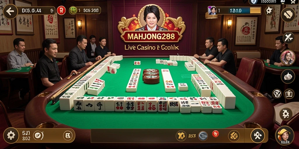 Screenshot gameplay MAHJONG288 yang menampilkan dealer dan atmosfer kasino.